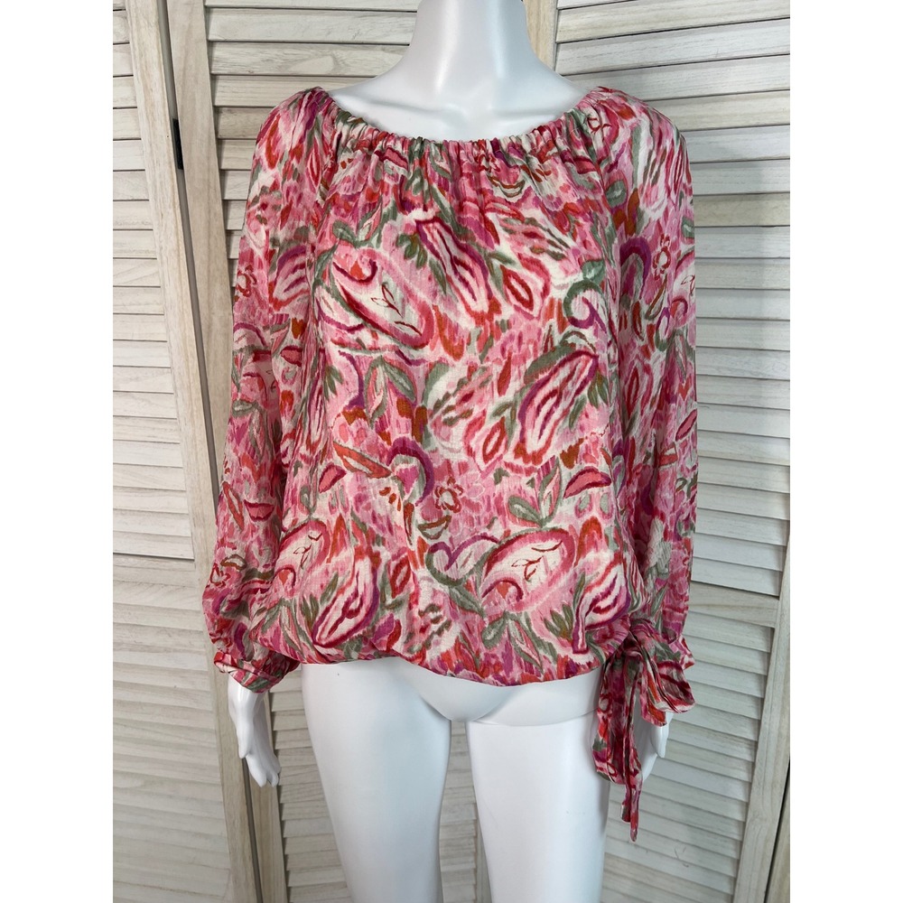 Vince Camuto Womens Top Pink Floral Blouse Peasant Whimsical Side Tie Size M